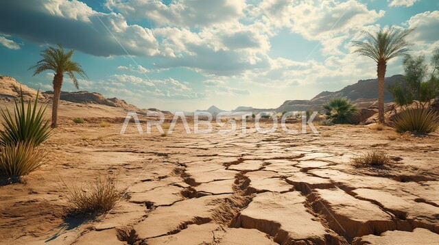 مفهوم الإحتباس الحراري، البيئة الصحراويه القاحلة،  الارض الطينية المتشققة في موسم الجفاف، نتائج الكوارث والهزات الأرضية، المناطق الرملية الجافة, تغير المناخ والعوامل الطبيعية, خلفيات الطبيعة