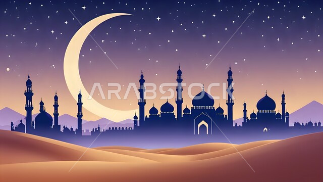Celebrating the month of goodness, Islamic religious holidays and occasions, 3D illustrations of domes and minarets of mosques in the Kingdom of Saudi Arabia, the concept of worship and drawing closer to God Almighty, the view of the crescent moon of the blessed month of Ramadan in the sky
