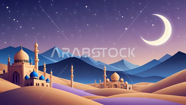 الاحتفال بقوم شهر الخير، الاعياد والمناسبات الدينية الإسلامية، رسوم توضيحية ثلاثية الابعاد لقبب و مآذن المساجد في المملكة العربية السعودية، مفهوم العبادة و التقرب الى الله تعالى، منظر هلال رمضان المبارك في السماء