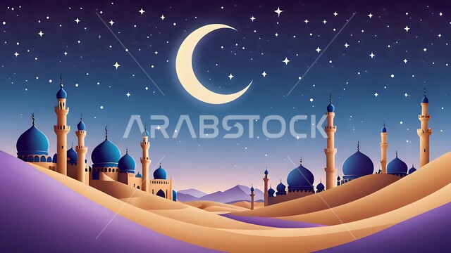 Celebrating the month of goodness, Islamic religious holidays and occasions, 3D illustrations of domes and minarets of mosques in the Kingdom of Saudi Arabia, the concept of worship and drawing closer to God Almighty, the view of the crescent moon of the blessed month of Ramadan in the sky
