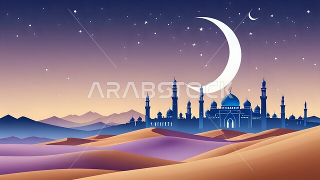 الاحتفال بقوم شهر الخير، الاعياد والمناسبات الدينية الإسلامية، رسوم توضيحية ثلاثية الابعاد لقبب و مآذن المساجد في المملكة العربية السعودية، مفهوم العبادة و التقرب الى الله تعالى، منظر هلال رمضان المبارك في السماء