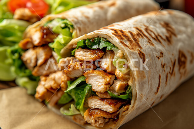 Eastern Arabic cuisine, chicken shawarma sandwich with fresh vegetables, delicious fast food meals, presentation arts in restaurants and kitchens in the Kingdom of Saudi Arabia, recipes and distinct foods.