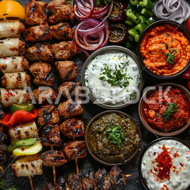 مائدة مزينة بمجموعة من أسياخ قطع اللحم اللذيذ مع الخضار والصلصات، المطاعم في المملكة العربية السعودية، مأكولات وأطباق عربية تقليدية, وجبات غذائية غنية بالبروتين, وصفات الطعام الصحية الشهية، فنون تقديم الأطعمة الشرقية المميزة، سفرة مليئة بأنواع اللحوم المشوية