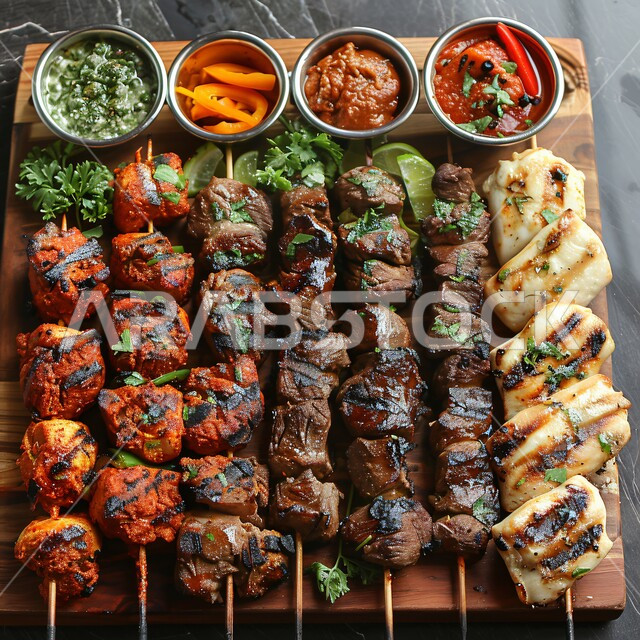 سفرة مليئة بأنواع اللحوم المشوية، مائدة مزينة بمجموعة من أسياخ قطع اللحم اللذيذ مع الخضراوات والصلصات، المطاعم في المملكة العربية السعودية، مأكولات وأطباق عربية تقليدية, وجبات غذائية غنية بالبروتين, وصفات الطعام الصحية الشهية، فنون تقديم الأطعمة الشرقية المميزة