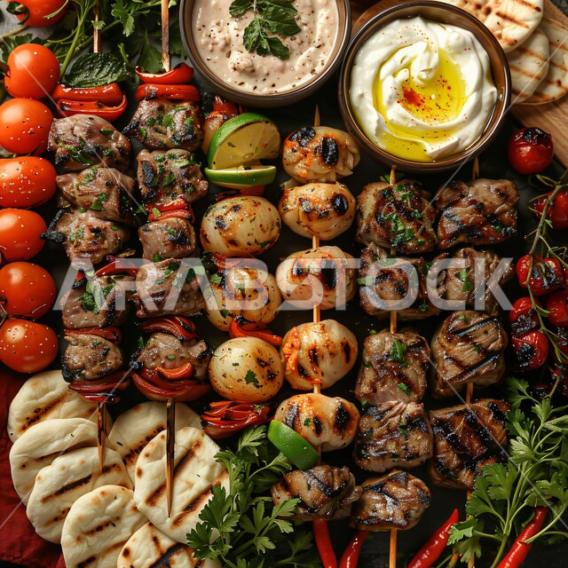 The art of presenting distinctive oriental foods, a table full of grilled meats, a table decorated with a group of delicious meat skewers with vegetables and sauces, restaurants in the Kingdom of Saudi Arabia, traditional Arabic foods and dishes, protein-rich meals, delicious healthy food recipes