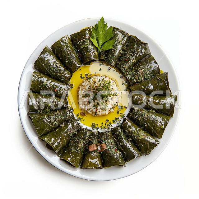 Yalanji rolls with fillings rich in spices and delicious flavors, arts of food presentation in the kitchens of the Kingdom of Saudi Arabia, traditional food recipes, a plate of grape leaves stuffed with rice and herbs decorated with tomato sauce, popular meals and dishes, famous oriental foods, white background