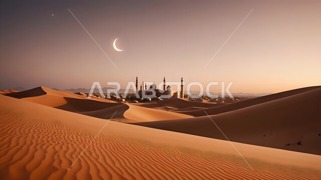 الأماكن والمعالم الدينية الإسلامية، الفن الهندسي المعماري على الطراز الحديث للمساجد، العبادة والتقرب إلى الله تعالى، رسوم توضيحية لمسجد عريق في وسط الصحراء في الملكة العربية السعودية، الديكورات والتصاميم العصرية للمآذن والقبب
