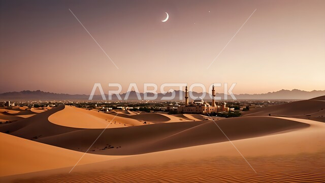 Islamic religious places and landmarks, modern architectural art of mosques, worship and closeness to God Almighty, illustrations of an ancient mosque in the middle of the desert in the Kingdom of Saudi Arabia, modern decorations and designs of minarets and domes