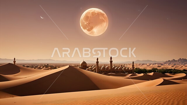 Islamic religious places and landmarks, modern architectural art of mosques, worship and closeness to God Almighty, illustrations of an ancient mosque in the middle of the desert in the Kingdom of Saudi Arabia, modern decorations and designs of minarets and domes