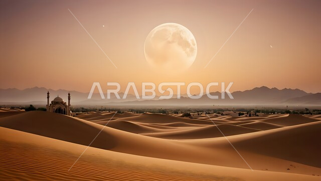 Islamic religious places and landmarks, modern architectural art of mosques, worship and closeness to God Almighty, illustrations of an ancient mosque in the middle of the desert in the Kingdom of Saudi Arabia, modern decorations and designs of minarets and domes