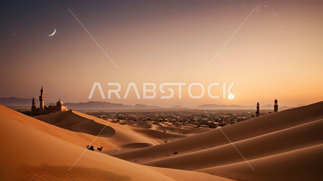 الأماكن والمعالم الدينية الإسلامية، الفن الهندسي المعماري على الطراز الحديث للمساجد، العبادة والتقرب إلى الله تعالى، رسوم توضيحية لمسجد عريق في وسط الصحراء في الملكة العربية السعودية، الديكورات والتصاميم العصرية للمآذن والقبب