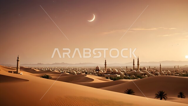 الأماكن والمعالم الدينية الإسلامية، الفن الهندسي المعماري على الطراز الحديث للمساجد، العبادة والتقرب إلى الله تعالى، رسوم توضيحية لمسجد عريق في وسط الصحراء في الملكة العربية السعودية، الديكورات والتصاميم العصرية للمآذن والقبب