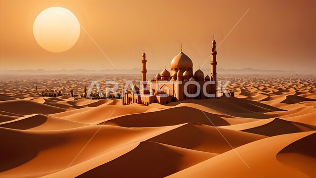 الأماكن والمعالم الدينية الإسلامية، الفن الهندسي المعماري على الطراز الحديث للمساجد، العبادة والتقرب إلى الله تعالى، رسوم توضيحية لمسجد عريق في وسط الصحراء في الملكة العربية السعودية، الديكورات والتصاميم العصرية للمآذن والقبب