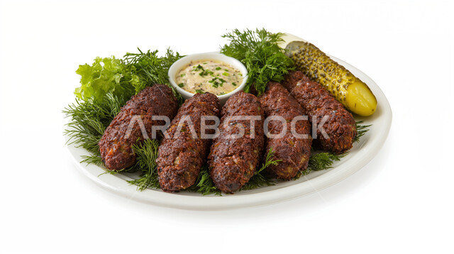 قطع اللحم المشوي اللذيذ، لحوم الضأن مع الخضار والصوص، اطعمة صحية في مطعم المشاوي، اكل عربي شرقي, وجبات الطعام الشهية، فن التقديم في مطاعم المأكولات الشرقية, خلفية ابيض