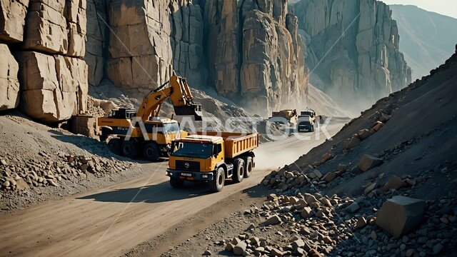 آليات ثقيلة تقوم بالحفر والعمل في موقع التعدين، نقل الأتربة بواسطة الشاحنات، مناطق التنقيب عن الثروات الباطنية الخام، أماكن مناجم الفحم الطبيعي، الطبيعة الصخرية وتضاريس السلاسل الجبلية، المرتفعات وقمم الجبال في المملكة العربية السعودية