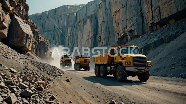 آليات ثقيلة تقوم بالحفر والعمل في موقع التعدين، نقل الأتربة بواسطة الشاحنات، مناطق التنقيب عن الثروات الباطنية الخام، أماكن مناجم الفحم الطبيعي، الطبيعة الصخرية وتضاريس السلاسل الجبلية، المرتفعات وقمم الجبال في المملكة العربية السعودية