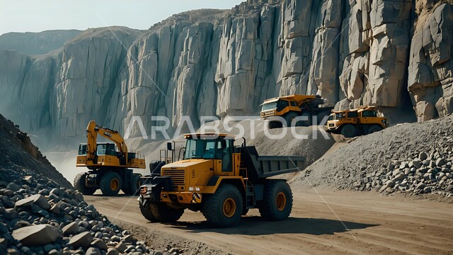 Heavy machinery digging and working at the mining site, transporting soil by trucks, areas for prospecting for raw underground resources, locations of natural coal mines, rocky nature and terrain of mountain ranges, highlands and mountain peaks in the Kingdom of Saudi Arabia