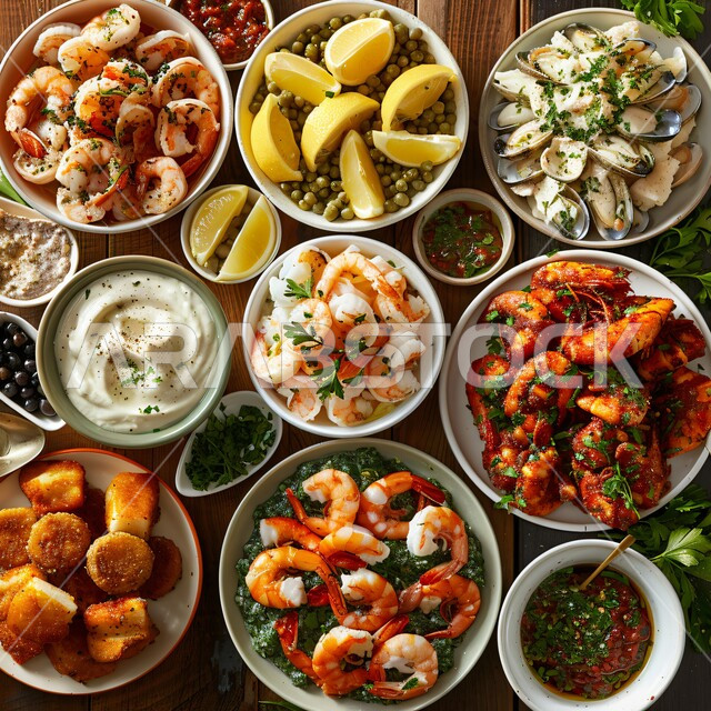 المقبلات والأصناف العربية الشرقية اللذيذة، وجبات غذائية صحية غنية بالبروتين، المأكولات البحرية الشهية، صورة مقربة لأطباق من تشكيلة متنوعة من الجمبري مع الصلصات والليمون، فنون تقديم الطعام بطريقة عصرية ومبتكرة في المطابخ والمطاعم السعودية