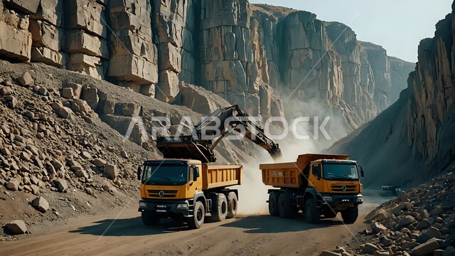 مناطق التنقيب عن الثروات الباطنية الخام، أماكن مناجم الفحم الطبيعي، آليات ثقيلة تقوم بالحفر والعمل في موقع التعدين، نقل الأتربة بواسطة الشاحنات،  الطبيعة الصخرية وتضاريس السلاسل الجبلية، المرتفعات وقمم الجبال في المملكة العربية السعودية