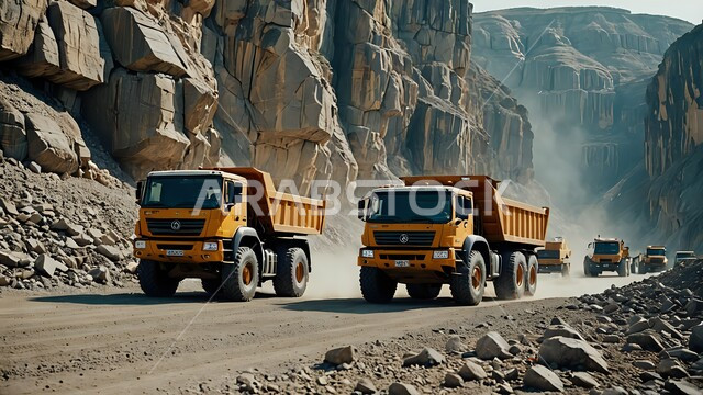 مناطق التنقيب عن الثروات الباطنية الخام، أماكن مناجم الفحم الطبيعي، آليات ثقيلة تقوم بالحفر والعمل في موقع التعدين، نقل الأتربة بواسطة الشاحنات،  الطبيعة الصخرية وتضاريس السلاسل الجبلية، المرتفعات وقمم الجبال في المملكة العربية السعودية