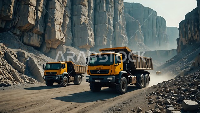 مناطق التنقيب عن الثروات الباطنية الخام، أماكن مناجم الفحم الطبيعي، آليات ثقيلة تقوم بالحفر والعمل في موقع التعدين، نقل الأتربة بواسطة الشاحنات،  الطبيعة الصخرية وتضاريس السلاسل الجبلية، المرتفعات وقمم الجبال في المملكة العربية السعودية