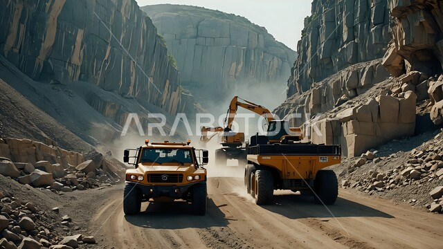 مناطق التنقيب عن الثروات الباطنية الخام، أماكن مناجم الفحم الطبيعي، آليات ثقيلة تقوم بالحفر والعمل في موقع التعدين، نقل الأتربة بواسطة الشاحنات،  الطبيعة الصخرية وتضاريس السلاسل الجبلية، المرتفعات وقمم الجبال في المملكة العربية السعودية