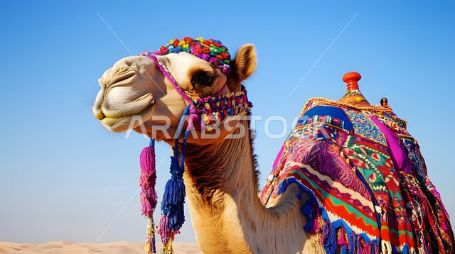 Interest in Saudi history rich in ancient heritage, the association of camels with authenticity and antiquity in the Arabian Gulf, a close-up image of a purebred blond Arabian camel with a colorful saddle, a cloth cover decorated with popular patterns on the camel’s back, grazing mammals and livestock in the deserts of Saudi Arabia
