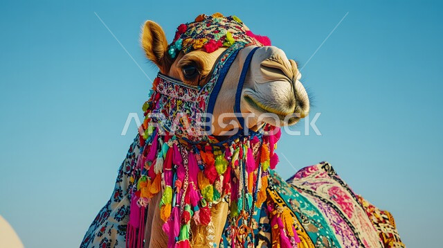 Interest in Saudi history rich in ancient heritage, the association of camels with authenticity and antiquity in the Arabian Gulf, a close-up image of a purebred blond Arabian camel with a colorful saddle, a cloth cover decorated with popular patterns on the camel’s back, grazing mammals and livestock in the deserts of Saudi Arabia