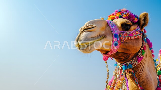 Interest in Saudi history rich in ancient heritage, the association of camels with authenticity and antiquity in the Arabian Gulf, a close-up image of a purebred blond Arabian camel with a colorful saddle, a cloth cover decorated with popular patterns on the camel’s back, grazing mammals and livestock in the deserts of Saudi Arabia