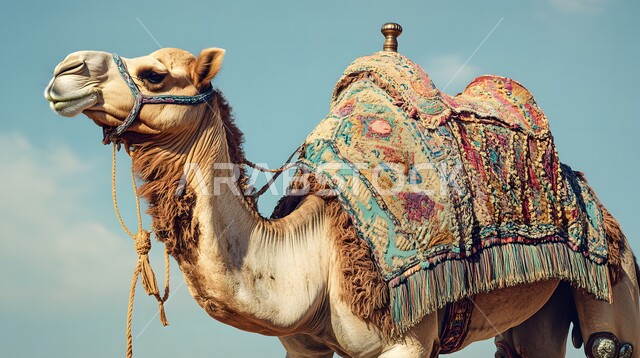 ارتباط الإبل بالأصالة والعراقة في الخليج العربي، صورة مقربة لناقة عربية شقراء أصيلة بسرج ملون، غطاء قماشي مزخرف بنقوش شعبية على ظهر الجمل، رعي الثدييات والمواشي في صحاري السعودية، الاهتمام بالتاريخ  السعودي الغني بالتراث العريق