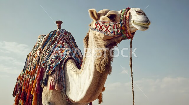 ارتباط الإبل بالأصالة والعراقة في الخليج العربي، صورة مقربة لناقة عربية شقراء أصيلة بسرج ملون، غطاء قماشي مزخرف بنقوش شعبية على ظهر الجمل، رعي الثدييات والمواشي في صحاري السعودية، الاهتمام بالتاريخ  السعودي الغني بالتراث العريق