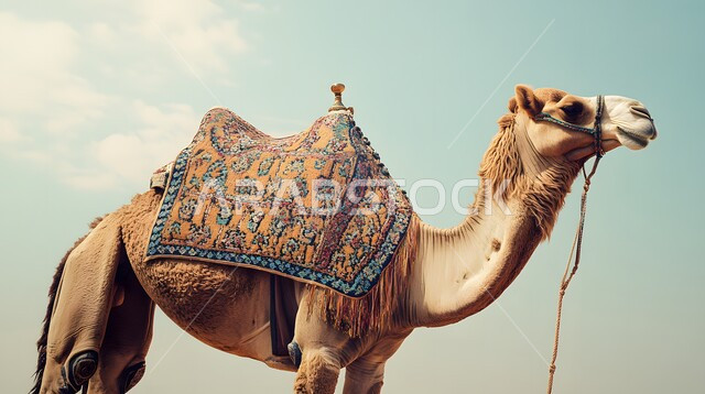 ارتباط الإبل بالأصالة والعراقة في الخليج العربي، صورة مقربة لناقة عربية شقراء أصيلة بسرج ملون، غطاء قماشي مزخرف بنقوش شعبية على ظهر الجمل، رعي الثدييات والمواشي في صحاري السعودية، الاهتمام بالتاريخ  السعودي الغني بالتراث العريق