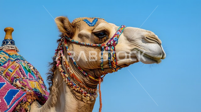 Interest in Saudi history rich in ancient heritage, the association of camels with authenticity and antiquity in the Arabian Gulf, a close-up image of a purebred blond Arabian camel with a colorful saddle, a cloth cover decorated with popular patterns on the camel’s back, grazing mammals and livestock in the deserts of Saudi Arabia