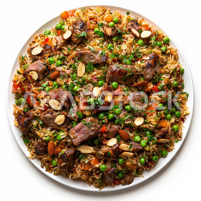 طبق من أرز الكبسة مع قطع اللحم المزين والخضروات، ولائم وأطباق عربية تقليدية شعبية، وصفات المأكولات والوجبات الشرقية الشهية، مطابخ ومطاعم المملكة العربية السعودية، صحن من البرياني باللحم الدسم، مهارة إعداد وصفة المندي الخليجي المشهورة بالتوابل الغنية بالنكهات, خلفية بيضاء