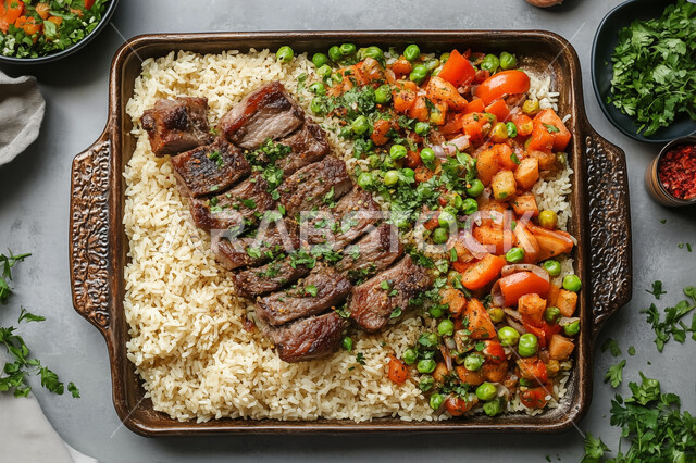 طبق من أرز الكبسة مع قطع اللحم المزين والخضروات، ولائم وأطباق عربية تقليدية شعبية، وصفات المأكولات والوجبات الشرقية الشهية، مطابخ ومطاعم المملكة العربية السعودية، صحن من البرياني باللحم الدسم، مهارة إعداد وصفة المندي الخليجي المشهورة بالتوابل الغنية بالنكهات