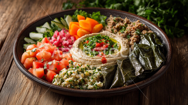 طبق من المقبلات ملون يضم الحمص مع البابا غنوج و التبولة وورق العنب المحشي على طاولة خشبية ريفية,  أطباق شعبية تقليدية في السعودية, الاساليب الفنية في تقديم الطعام