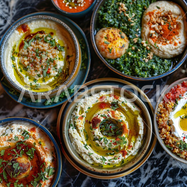 طبق من كريم الحمص اللذيذ المزين بالتوابل والخضراوات، مأكولات وأطباق شعبية تقليدية، وصفات طعام شرقية عربية سعودية، تزيين الطعام بأساليب فنية، فطور عربي تقليدي، المقبلات النباتية الباردة اللذيذة