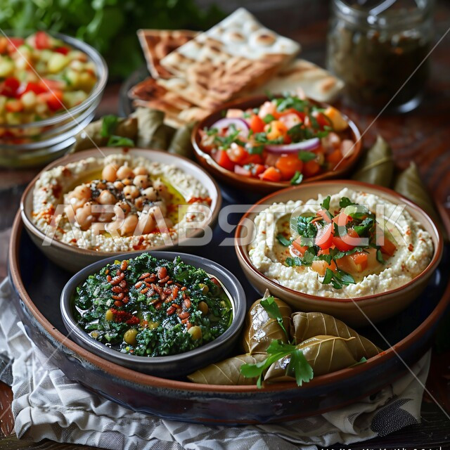 المقبلات النباتية الباردة اللذيذة، طبق من كريم الحمص اللذيذ المزين بالتوابل والخضراوات، مأكولات وأطباق شعبية تقليدية، وصفات طعام شرقية عربية سعودية، تزيين الطعام بأساليب فنية، فطور عربي تقليدي