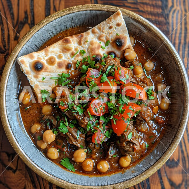 المقبلات الساخنة الشهية، حساء الهريس السعودي مع الحمص ولحم البقر الغني بنكهات التوابل المزين بالبقدونس والطماطم, طعام صحي ووجبات خفيفه, أكلات وأطباق شعبيه تقليدية، المأكولات والوجبات الشرقية مع الخبز المسطح، مطابخ ومطاعم المملكة العربية السعودية