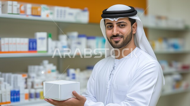 مفهوم الرجولة والوسامة, شراء الادوية والمستلزمات الطبية، رجل عربي خليجي امارتي داخل الصيدلية ينظر الى الكاميرا بتعابير الفرح والسرور، تفقد المنتجات الطبية، طلب الادوية الموجودة في الوصفة، الاستفادة من الخدمات الصحية