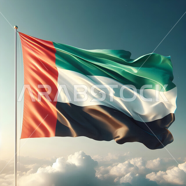 الشعار و الرمز الوطني، يوم استقلال الإمارات، علم الإمارات العربية المتحدة المصنوع من القماش يرفرف في السماء، الإحتفال بالعيد الوطني الإماراتي، حب الوطن والعلم