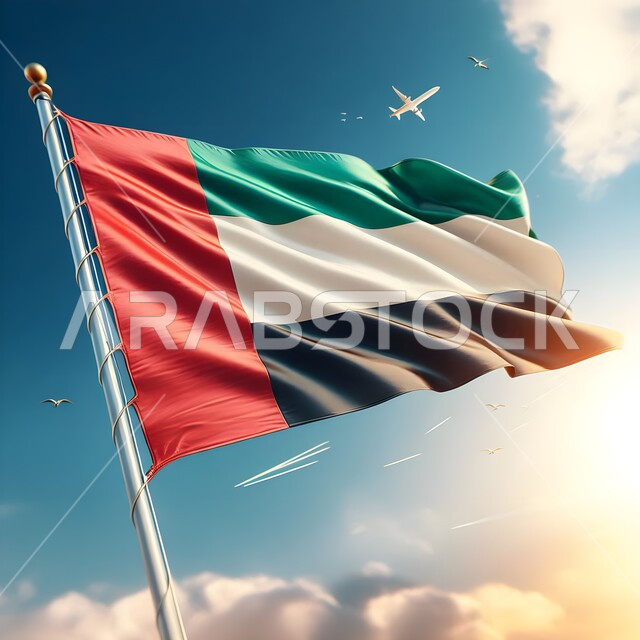 الشعار و الرمز الوطني، يوم استقلال الإمارات، علم الإمارات العربية المتحدة المصنوع من القماش يرفرف في السماء، الإحتفال بالعيد الوطني الإماراتي، حب الوطن والعلم