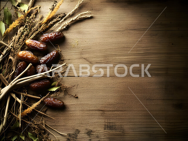 كومة من حبات التمر على قاعدة خشبية ريفية، منتجات ومحاصيل زراعية محلية سعودية وطنية، غذاء صحي ومفيد، وجبة غذائية عالية الأهمية، تمور صحية لذيذة، ضيافة رمضانية شهية