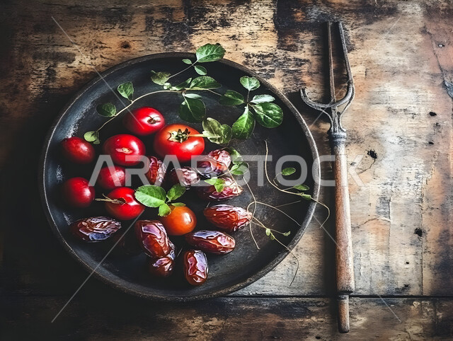 كومة من حبات التمر على قاعدة خشبية ريفية، منتجات ومحاصيل زراعية محلية سعودية وطنية، غذاء صحي ومفيد، وجبة غذائية عالية الأهمية، تمور صحية لذيذة، ضيافة رمضانية شهية