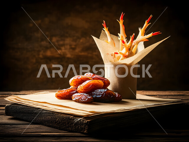 كومة من حبات التمر على قاعدة خشبية ريفية، منتجات ومحاصيل زراعية محلية سعودية وطنية، غذاء صحي ومفيد، وجبة غذائية عالية الأهمية، تمور صحية لذيذة، ضيافة رمضانية شهية