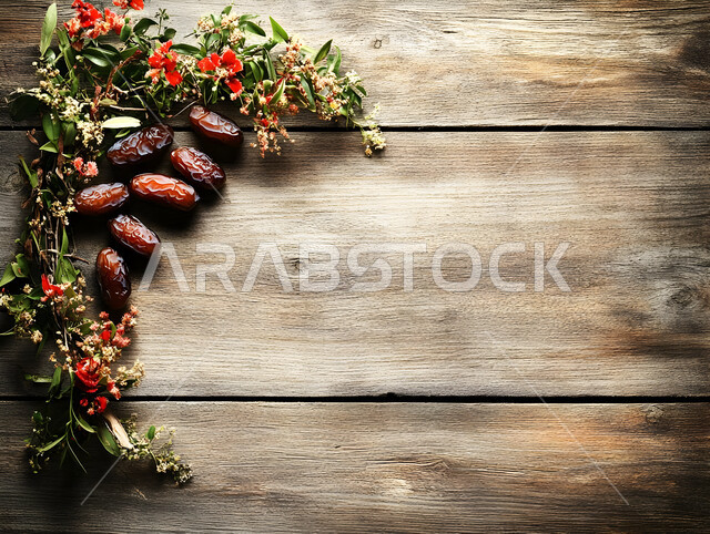 كومة من حبات التمر على قاعدة خشبية ريفية، منتجات ومحاصيل زراعية محلية سعودية وطنية، غذاء صحي ومفيد، وجبة غذائية عالية الأهمية، تمور صحية لذيذة، ضيافة رمضانية شهية