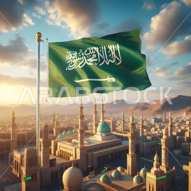 Saudi Arabian flags flying on the sky