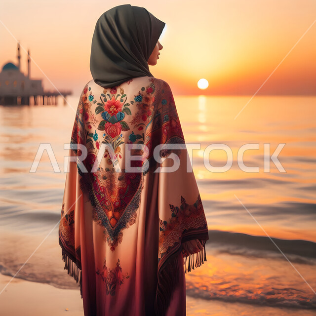الرحلات الى المناطق الساحلية، الاستمتاع بالاجواء الصيف، رسوم توضيحية من الخلف لامرأة عربية خليجية سعودية محجبة ترتدي عباءة تسير على شاطئ البحر في وقت غروب الشمس