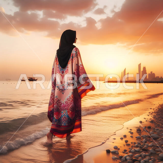 الرحلات الى المناطق الساحلية، الاستمتاع بالاجواء الصيف، رسوم توضيحية من الخلف لامرأة عربية خليجية سعودية محجبة ترتدي عباءة تسير على شاطئ البحر في وقت غروب الشمس