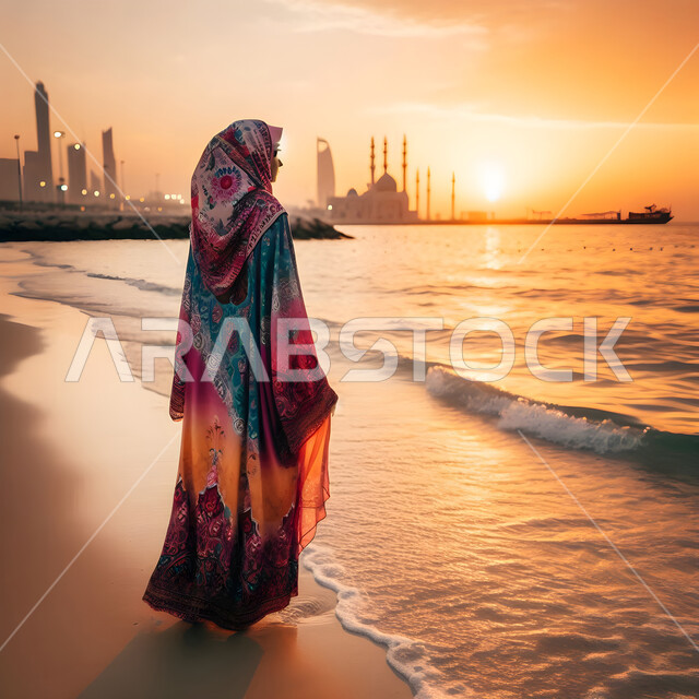 الرحلات الى المناطق الساحلية، الاستمتاع بالاجواء الصيف، رسوم توضيحية من الخلف لامرأة عربية خليجية سعودية محجبة ترتدي عباءة تسير على شاطئ البحر في وقت غروب الشمس